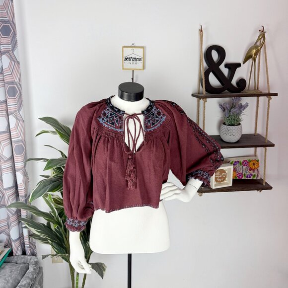 Free People Cherry Bomb Boho Cropped Peasant Blouse - Picture 1 of 6
